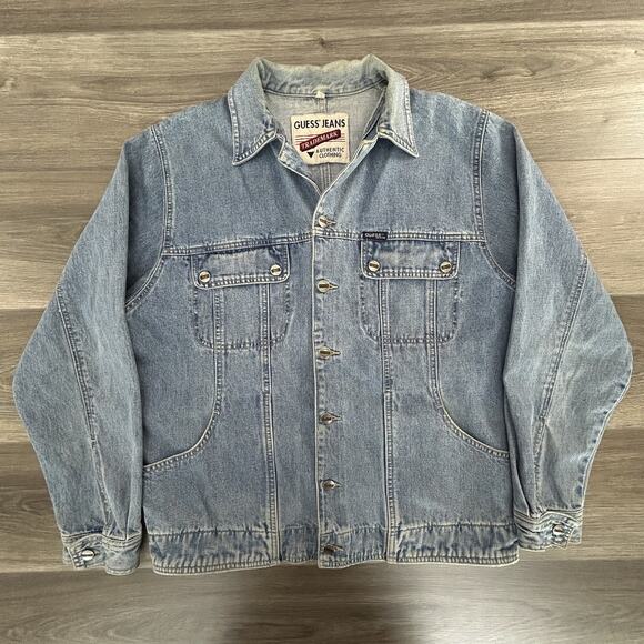 Vintage Guess Jeans Denim Jacket Mens Small Blue Button Up Trucker Authentic 90s - Picture 1 of 4